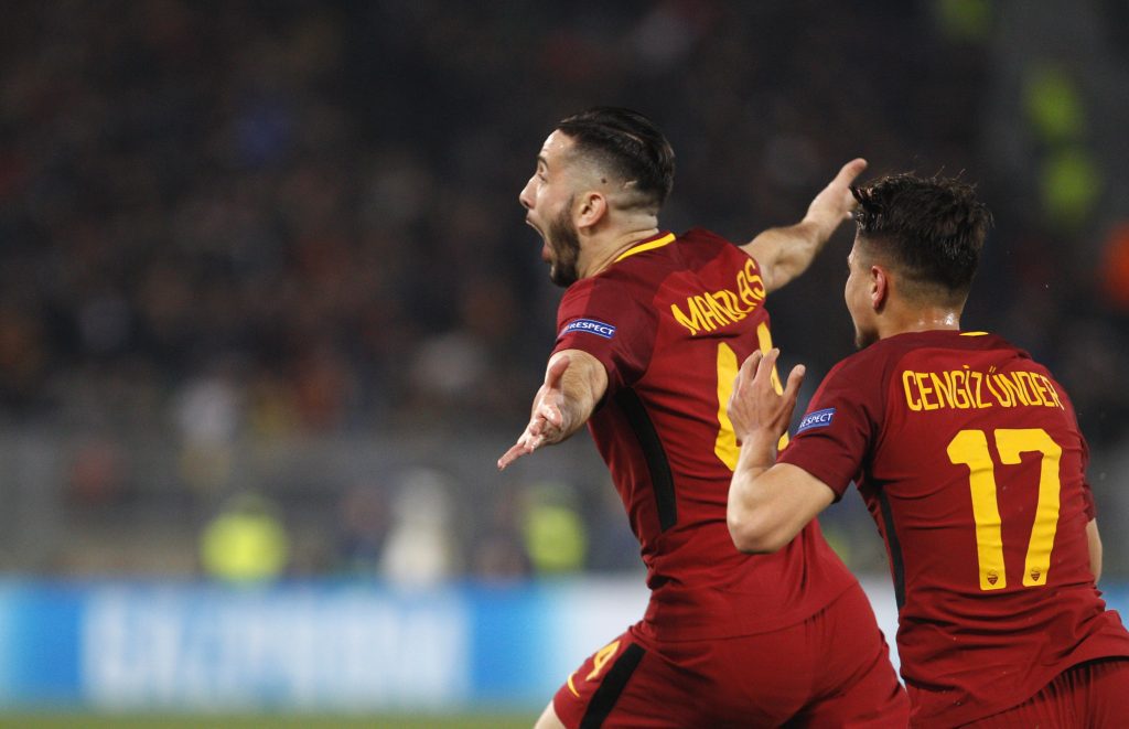 Kostas Manolas scoring at against Barcelona, the subject of Peter Drury's famous line