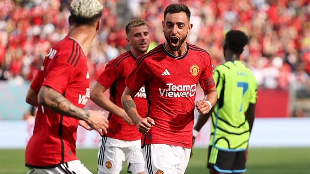 Bruno Fernandes celebrates scoring in pre-season against Arsenal. Looking attractive in FPL