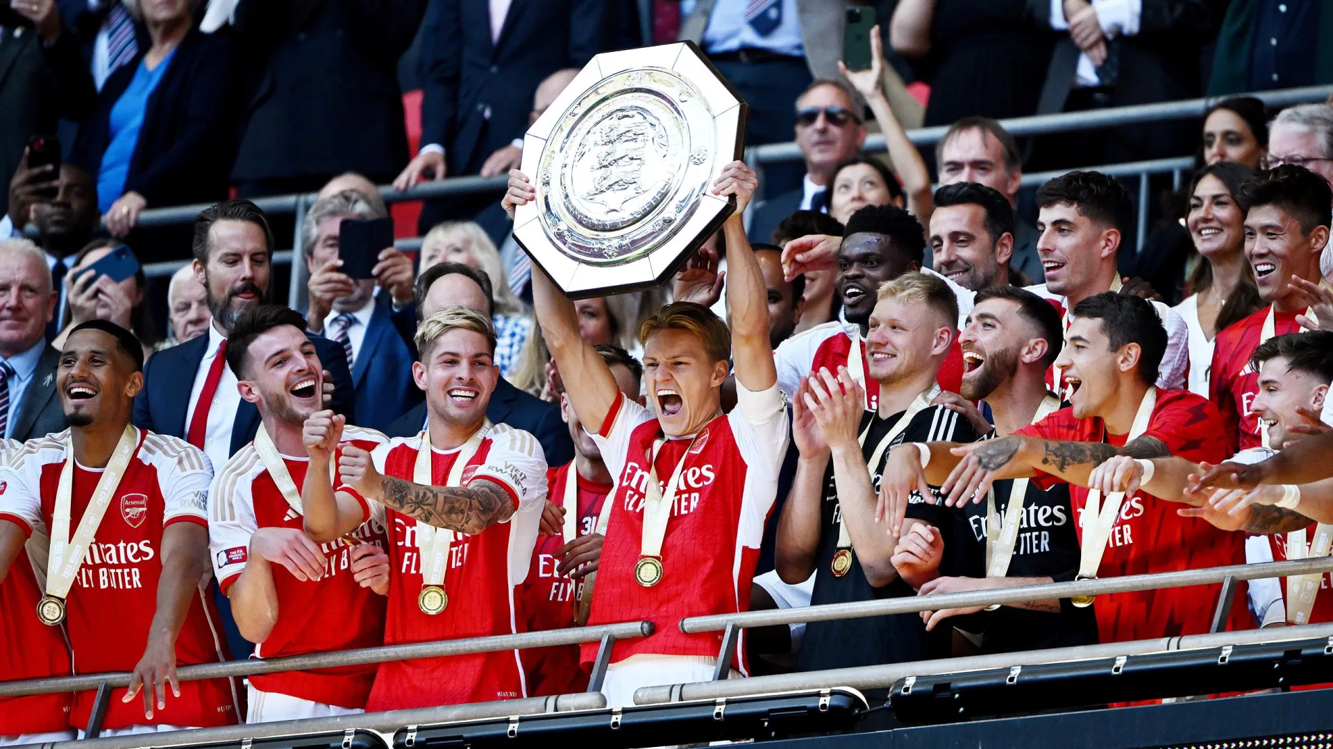 Martin Odegaard lifts the FA Community Shield 2023 for Arsenal