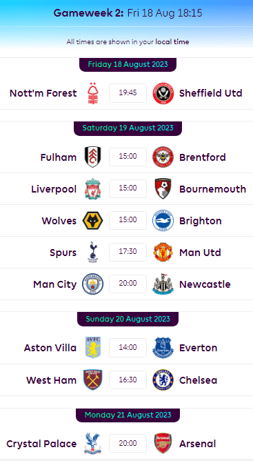 Premier League Gameweek 2 Fixtures. (19th-21st August)