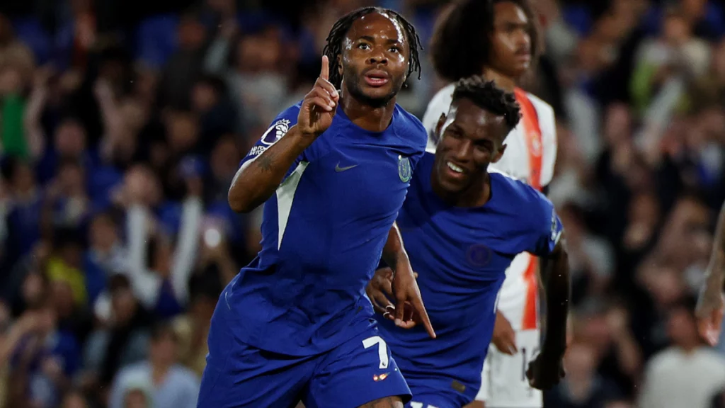 Raheem Sterling celebrating his goal vs Luton Town for Chelsea. 