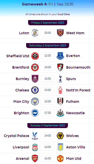 Premier League Fixtures Gameweek 4