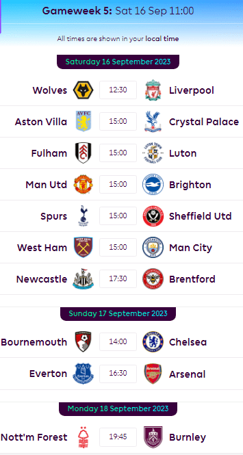 Premier League Fixtures Gameweek 5