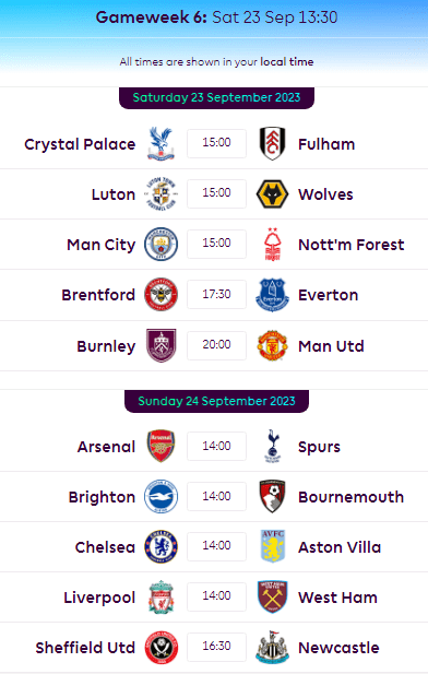 Gameweek 6 fixtures