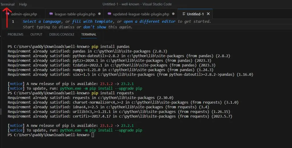 How to Visualise Data from the FPL API using Python and Tableau 2 install pandas