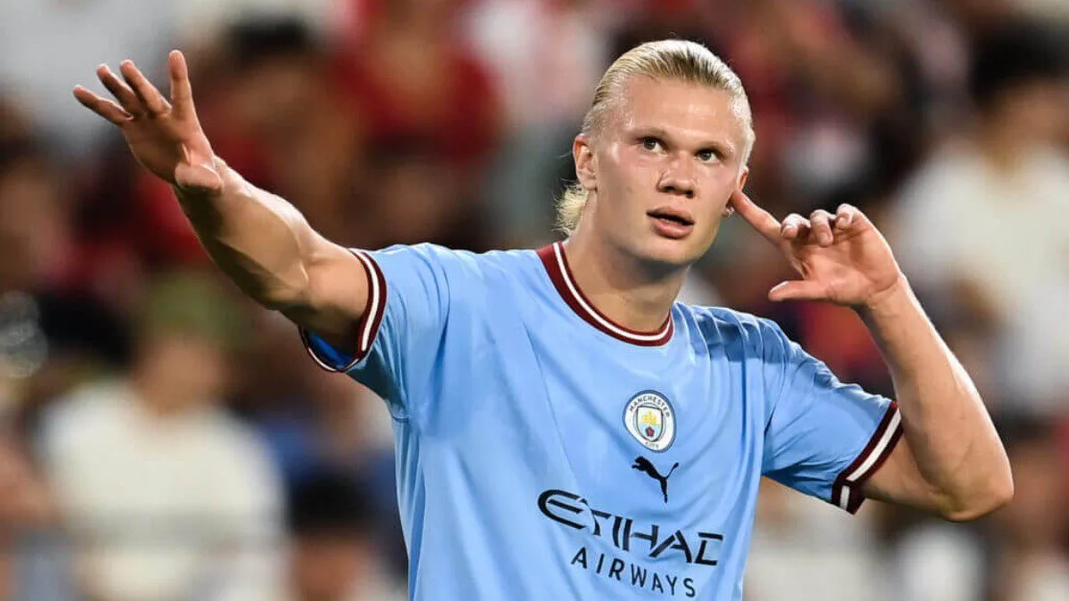 Erling Haaland celebrating a goal by putting his finger to his ear