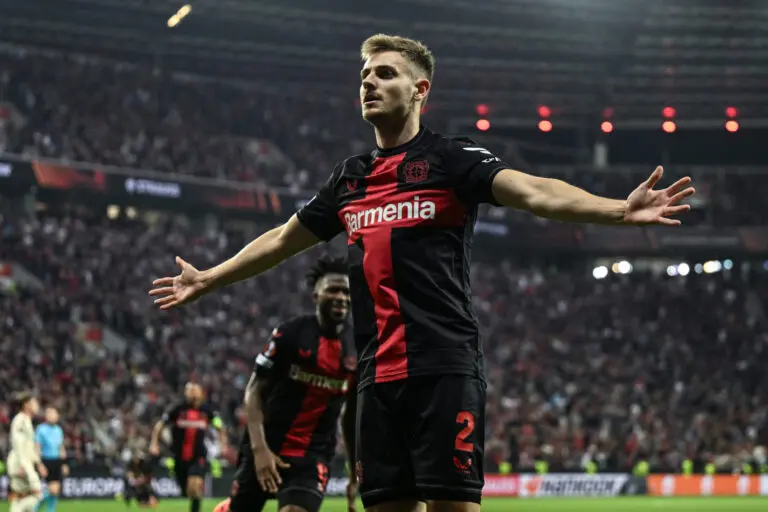 Bayer Leverkusen's Croatian defender #02 Josip Stanisic celebrates scoring the 2-2 during the UEFA Europa League semi final