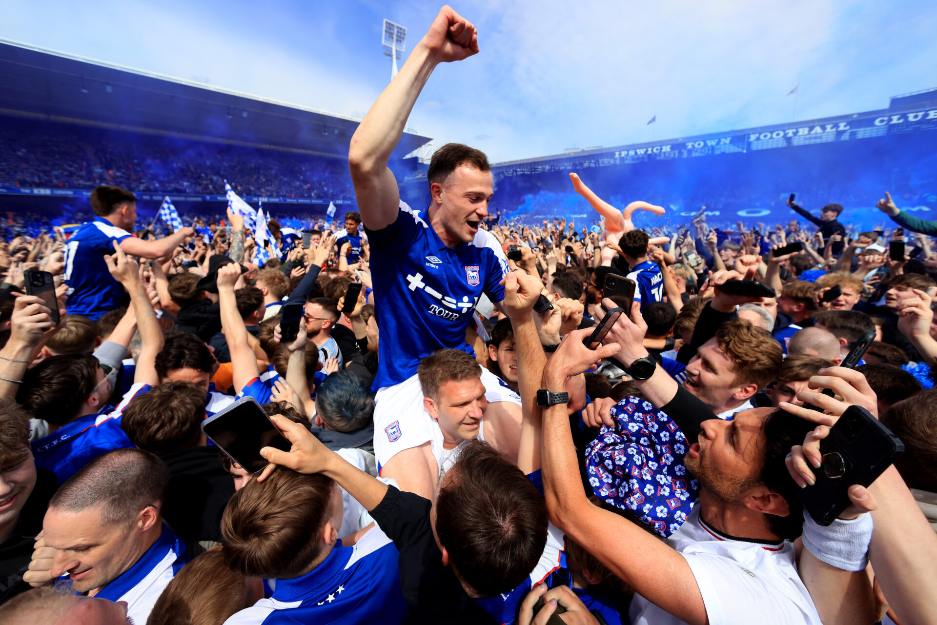 Ipswich Town promotion party on pitch after game