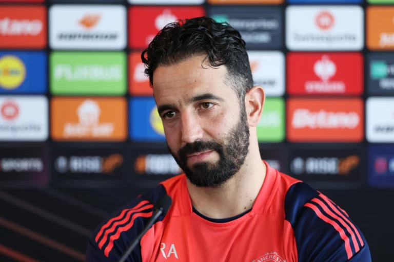Ruben Amorim in a Europa League press conference as manchester united manager