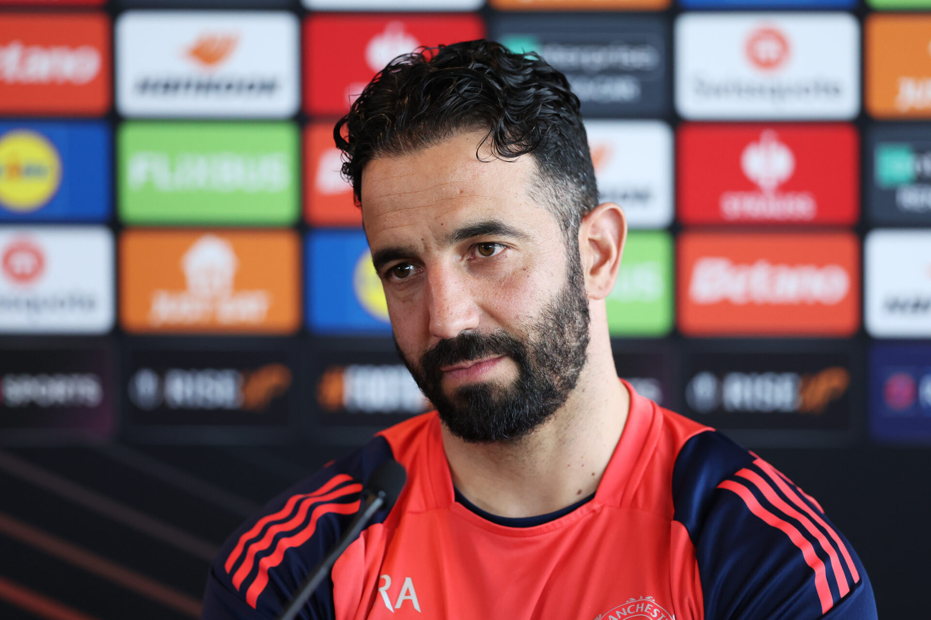 Ruben Amorim in a Europa League press conference as manchester united manager